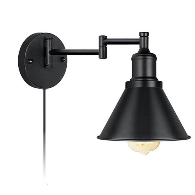 OOVOV Swing Arm Wall Lamp 1-Light Industrial Wall Sconce Fixtures with Iron Shade For Hallway Bedroom Bedside Reading Lamp Black Finish E26 Base