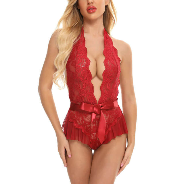 OOVOV Sexy Lingerie for Women Lace Bodysuit Halter V Neck Teddy Lingerie Tie Up Negligee Babydoll S-2XL