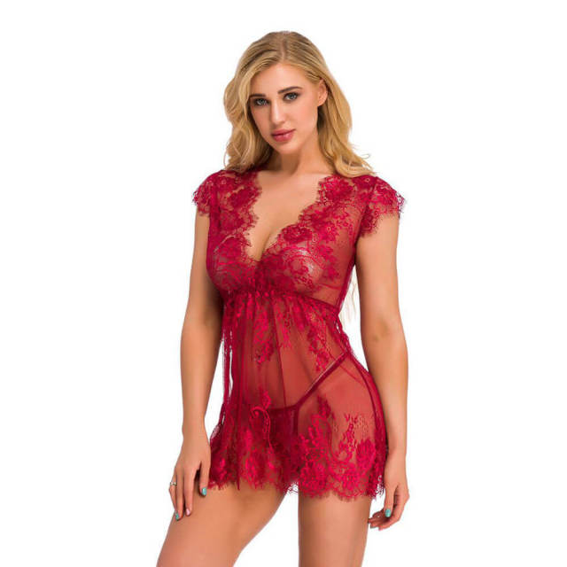 OOVOV Women Sexy Lace Lingerie Sleepwear Deep V-neck Eyelash Lace Nightdress With Thong