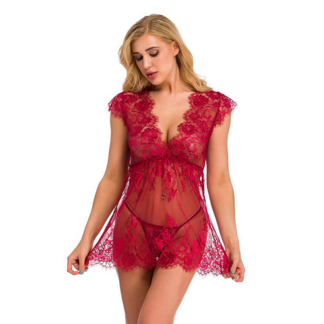 OOVOV Women Sexy Lace Lingerie Sleepwear Deep V-neck Eyelash Lace Nightdress With Thong