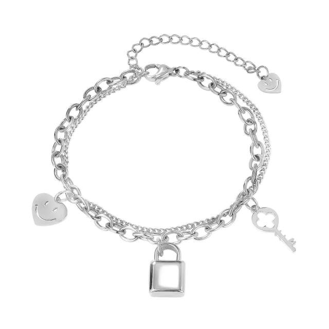 OOVOV Stainless Steel Bracelets for Women Lock and Key Bracelets Dainty Two-layer Adjustable Link Bracelets for Teenage Girls