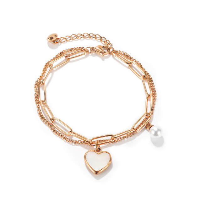 OOVOV Bracelets for Women Stainless Steel Heart and Pearl Bracelets Dainty Adjustable Link Bracelets for Teenage Girls Womens