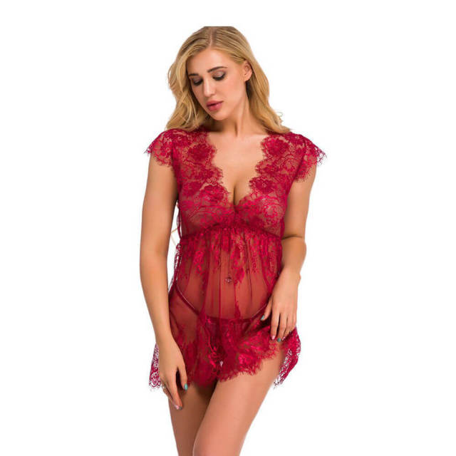 OOVOV Women Sexy Lace Lingerie Sleepwear Deep V-neck Eyelash Lace Nightdress With Thong