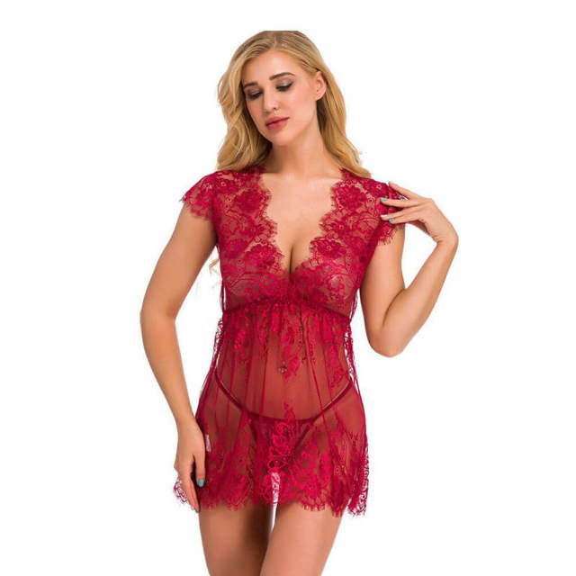 OOVOV Women Sexy Lace Lingerie Sleepwear Deep V-neck Eyelash Lace Nightdress With Thong