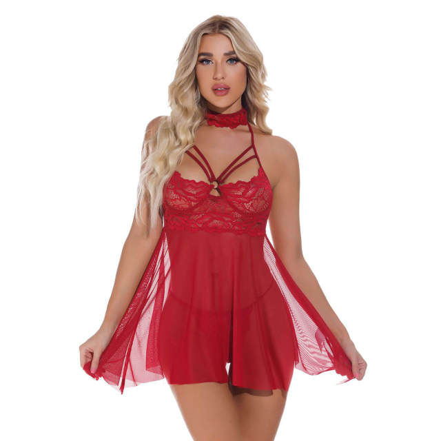 OOVOV Lingerie for Women Lace Babydoll Sexy Chemise V Neck Mesh Sleepwear With G-thong and Choker