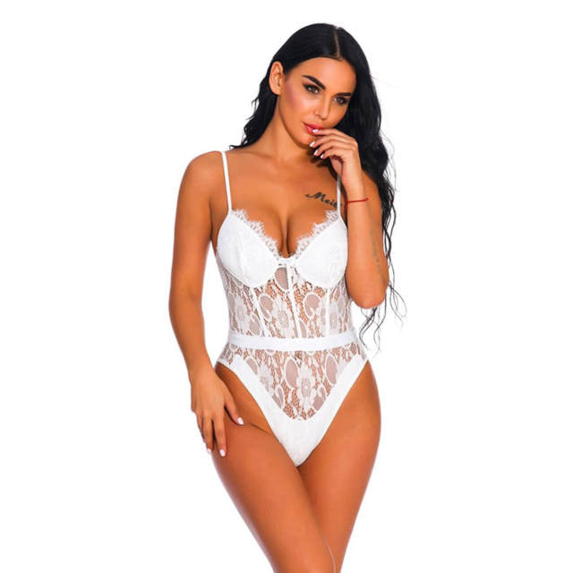 OOVOV Women Snap Crotch Lingerie Sexy Lace Bodysuit Deep V Teddy One Piece Lace Babydoll