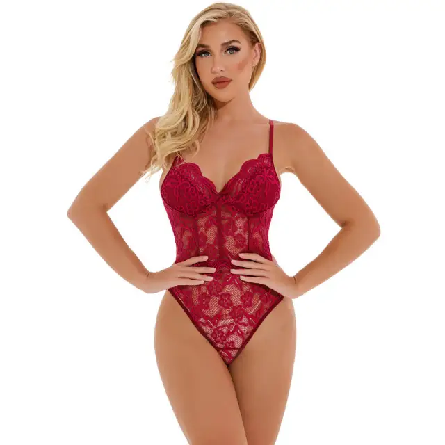 Women One Piece Lingerie Deep V Teddy Sexy Lace Bodysuit Sexy Pajamas Casual Home One-piece