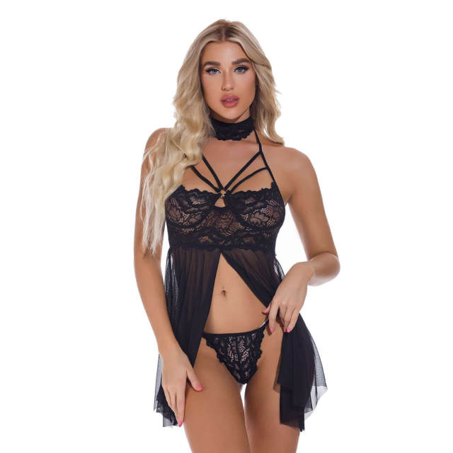 OOVOV Lingerie for Women Lace Babydoll Sexy Chemise V Neck Mesh Sleepwear With G-thong and Choker