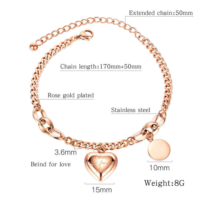 OOVOV Heart Bracelets,Beind for Love Engraved Chains Bracelet for Women Teen Girls,Dainty Link Chain Bracelet Heart Pendant