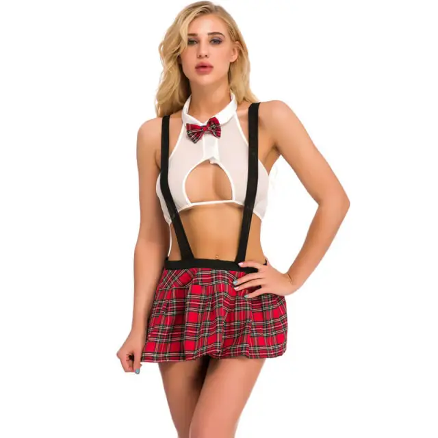 OOVOV Women Schoolgirl Lingerie Christmas Roleplay Lingerie Set Sexy Student Costumes Crop Top Shirt Mini Skirt