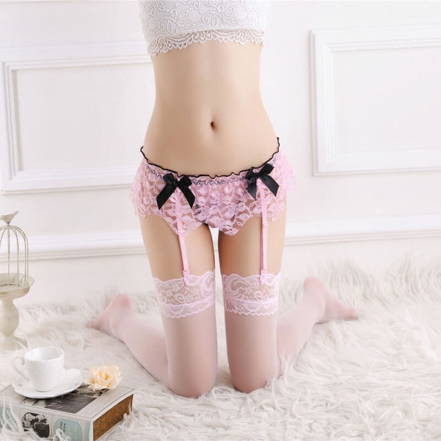 OOVOV Womens Lace Garter Socks Set Top Sheer Stockings with Backseam and Attached Garter Belt