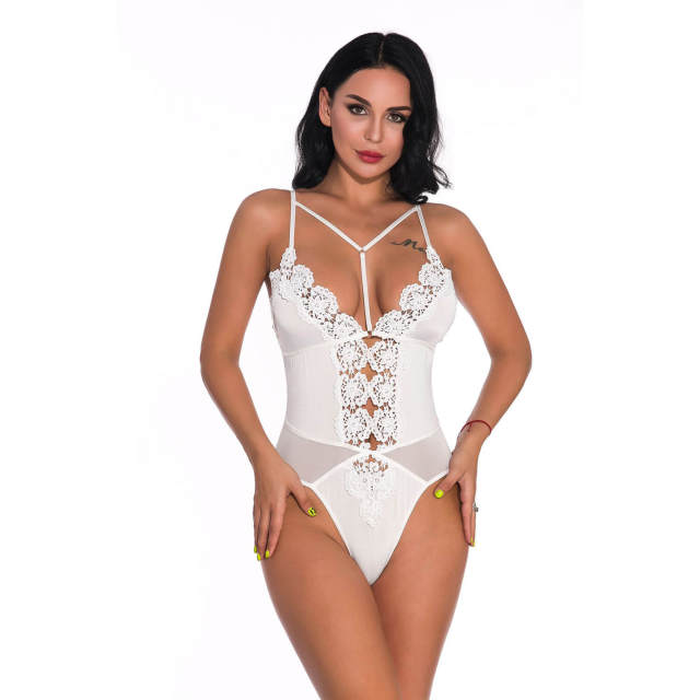 OOVOV See Through Lingerie V-Neck Lace Babydoll Sexy Lingerie Women One Piece Bodysuit