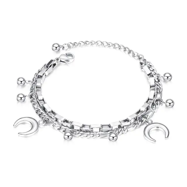 OOVOV Stainless Steel Heart Charm Chain Bracelets Coin Moon Strand Bracelet Adjustable Size for Women Girl