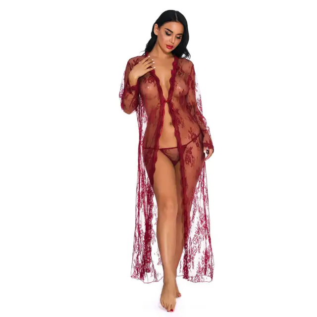 OOVOV Sexy Lace Robe for Women Long Lace Lingerie Robe Sheer Babydoll Nightgown Nightdress