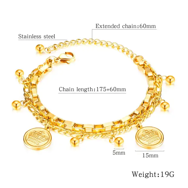 OOVOV Stainless Steel Heart Charm Chain Bracelets Coin Moon Strand Bracelet Adjustable Size for Women Girl