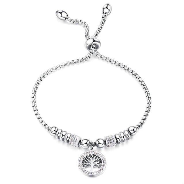 OOVOV Stainless Steel Tree of Life Charm Adjustable Size Strand Bracelet Heart Charm Bracelet For Women