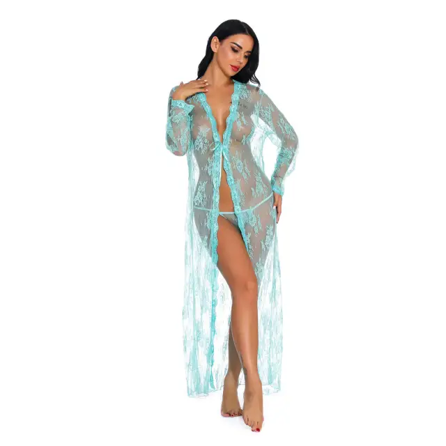 OOVOV Sexy Lace Robe for Women Long Lace Lingerie Robe Sheer Babydoll Nightgown Nightdress