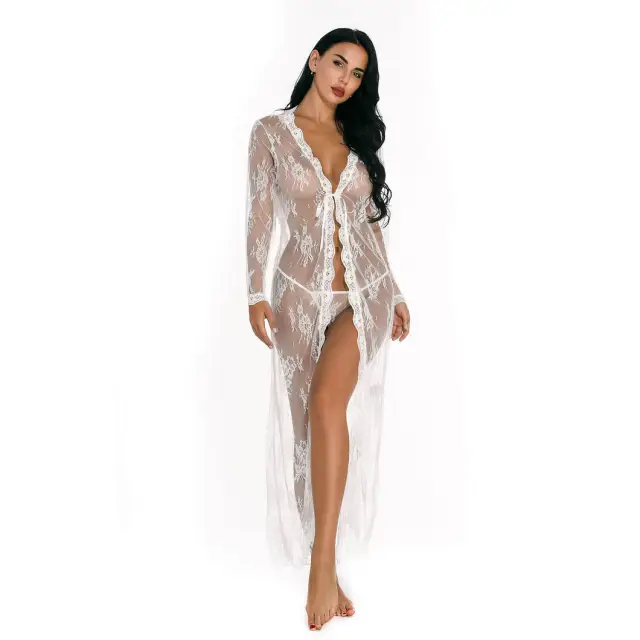 OOVOV Sexy Lace Robe for Women Long Lace Lingerie Robe Sheer Babydoll Nightgown Nightdress