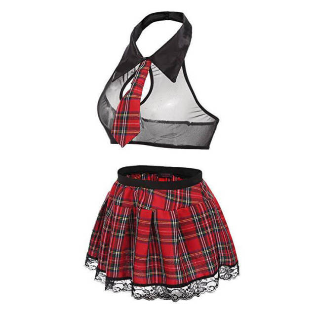 OOVOV Sexy Schoolgirl Outfit for Womens Costumes Lingerie Set with Tie Top Shirt and Plaid Skirt