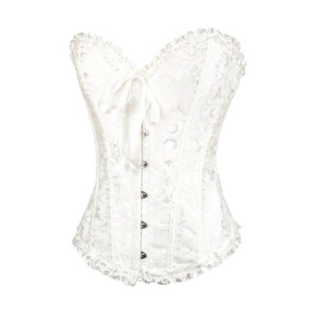 OOVOV Womens Corset Top Satin Floral Boned Overbust Body Shaper with Lace Trim Bustier With G-Thong