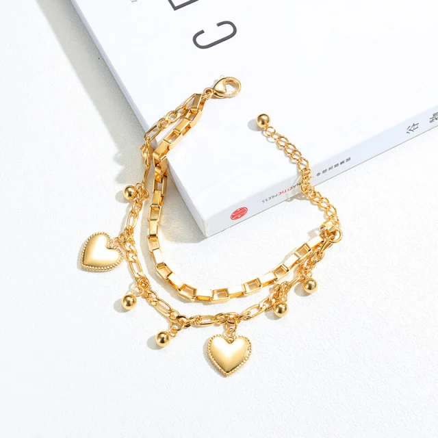 OOVOV Stainless Steel Heart Charm Chain Bracelets Coin Moon Strand Bracelet Adjustable Size for Women Girl