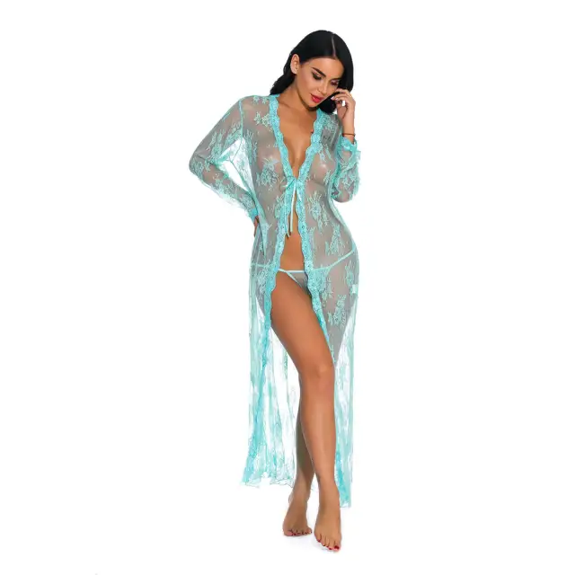 OOVOV Sexy Lace Robe for Women Long Lace Lingerie Robe Sheer Babydoll Nightgown Nightdress