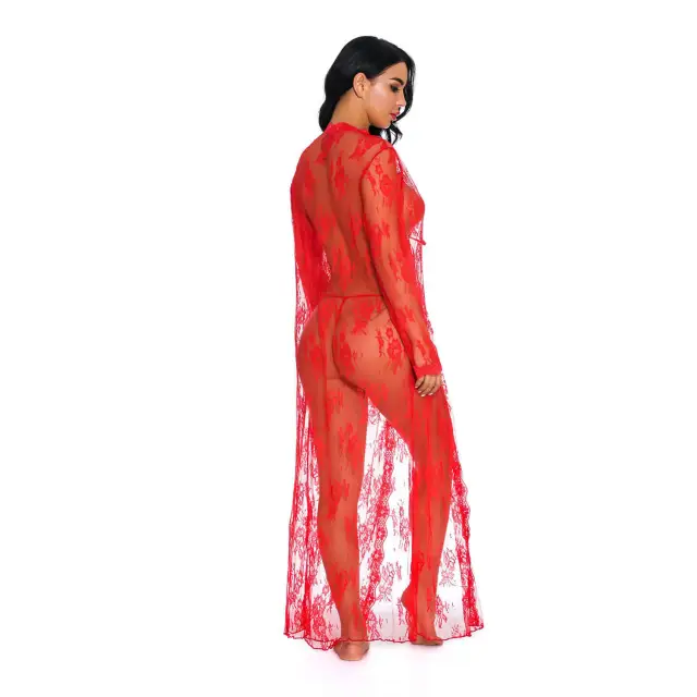 OOVOV Sexy Lace Robe for Women Long Lace Lingerie Robe Sheer Babydoll Nightgown Nightdress