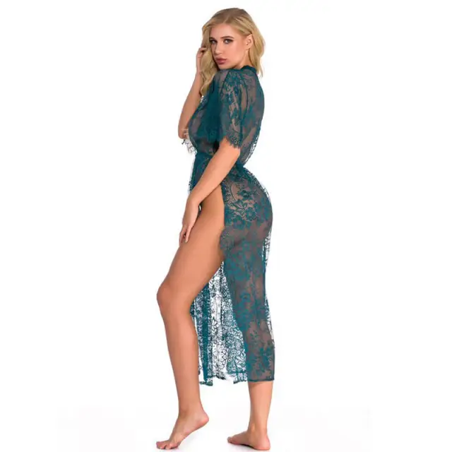 OOVOV Women Lace Babydoll Dress Nightwear Sexy V-neck Side Split Long Gown Lingerie with Thong