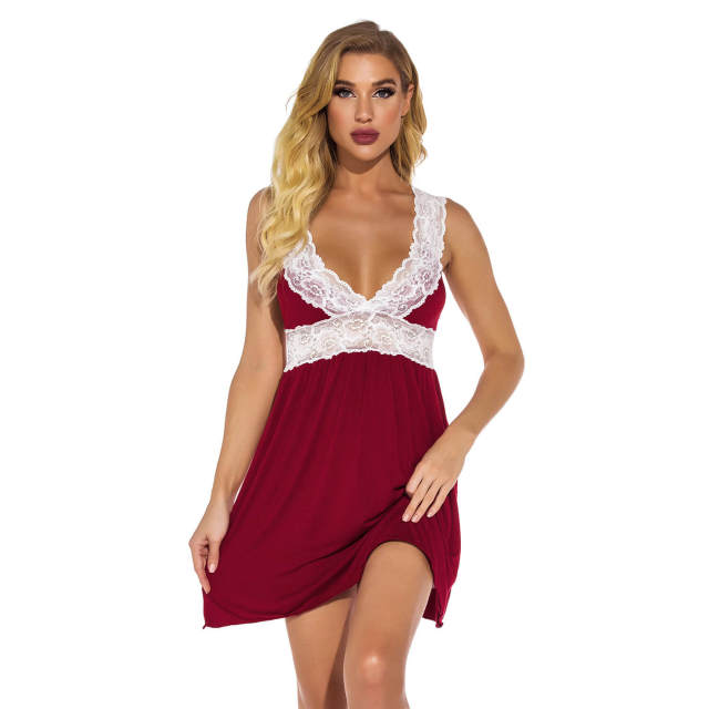 OOVOV Women Sexy Lingerie Sleepwear Lace Modal Sleepwear Chemises V-Neck Full Slip Babydoll Nightgown