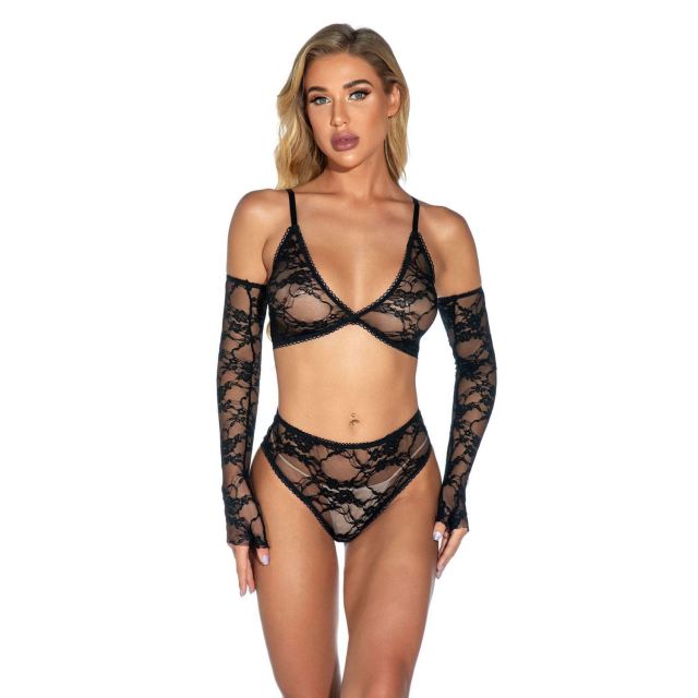 OOVOV Sexy Lingerie for Women V Neck Bra and High Waist Panty Lace Set Babydoll Bodysuit with Gloves