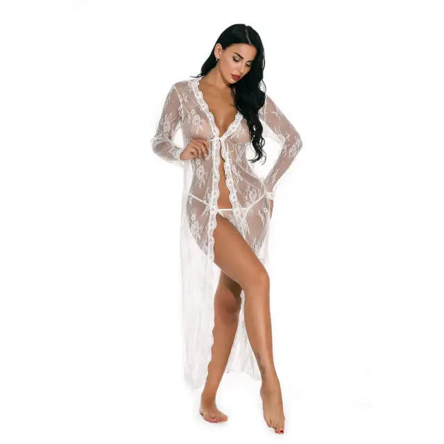 OOVOV Sexy Lace Robe for Women Long Lace Lingerie Robe Sheer Babydoll Nightgown Nightdress
