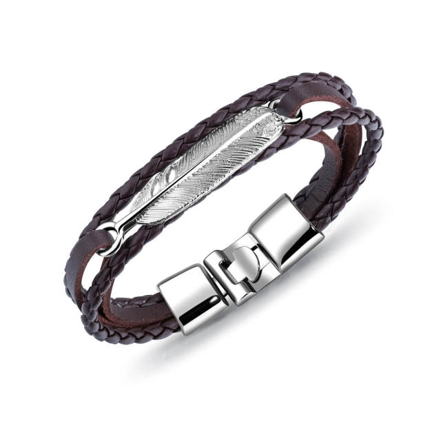 OOVOV Mens Retro Leather Bracelet Multi-layer Woven Leather Bracelet with Stainless Steel Wing Wristband Punk Personality Bracelets