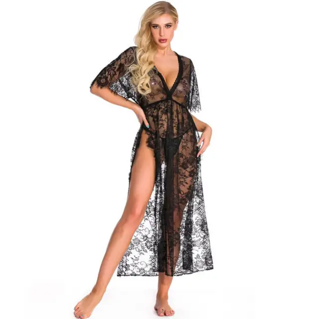 OOVOV Women Lace Babydoll Dress Nightwear Sexy V-neck Side Split Long Gown Lingerie with Thong