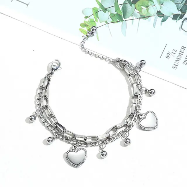 OOVOV Stainless Steel Heart Charm Chain Bracelets Coin Moon Strand Bracelet Adjustable Size for Women Girl