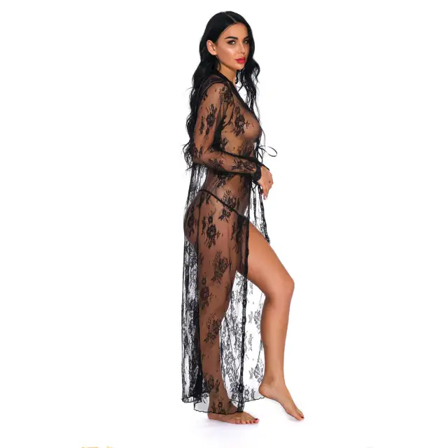 OOVOV Sexy Lace Robe for Women Long Lace Lingerie Robe Sheer Babydoll Nightgown Nightdress