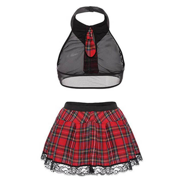 OOVOV Sexy Schoolgirl Outfit for Womens Costumes Lingerie Set with Tie Top Shirt and Plaid Skirt