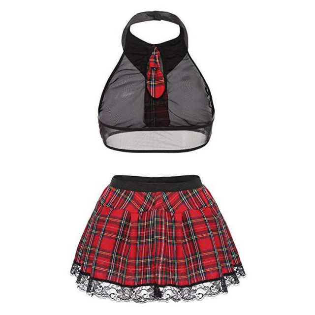 OOVOV Sexy Schoolgirl Outfit for Womens Costumes Lingerie Set with Tie Top Shirt and Plaid Skirt