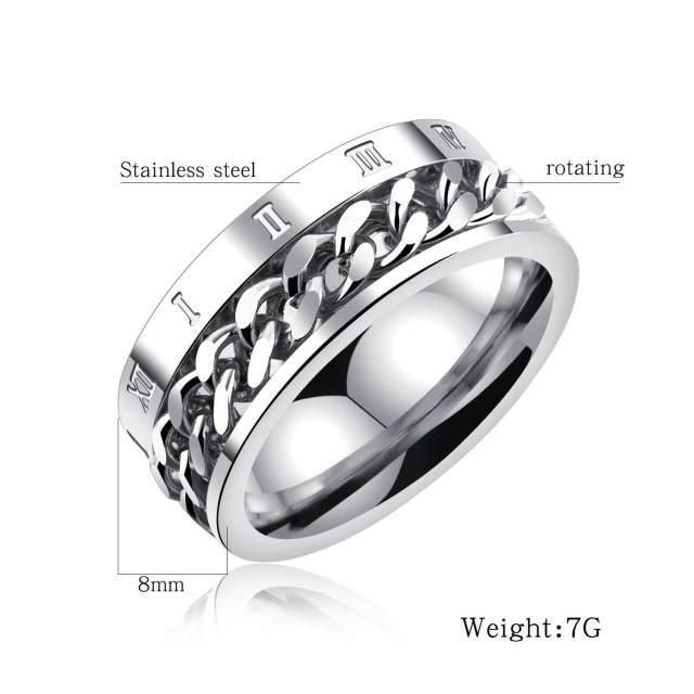 OOVOV 8mm Ring for Men Titanium Stainless Steel Roman numerals Chain Spinner Rings Silver/Black/Gold