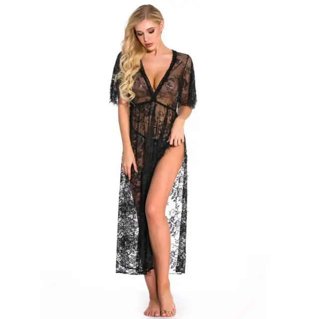 OOVOV Women Lace Babydoll Dress Nightwear Sexy V-neck Side Split Long Gown Lingerie with Thong