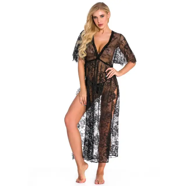 OOVOV Women Lace Babydoll Dress Nightwear Sexy V-neck Side Split Long Gown Lingerie with Thong