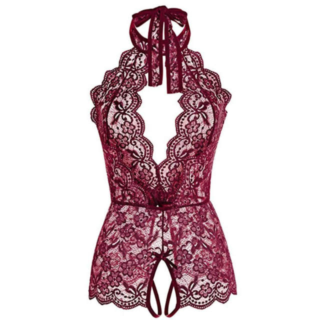 OOVOV Women Sexy Lingerie One Piece Halter Teddy Lace Bodysuit Babydoll Deep V Neck Back Strap Sleepwear