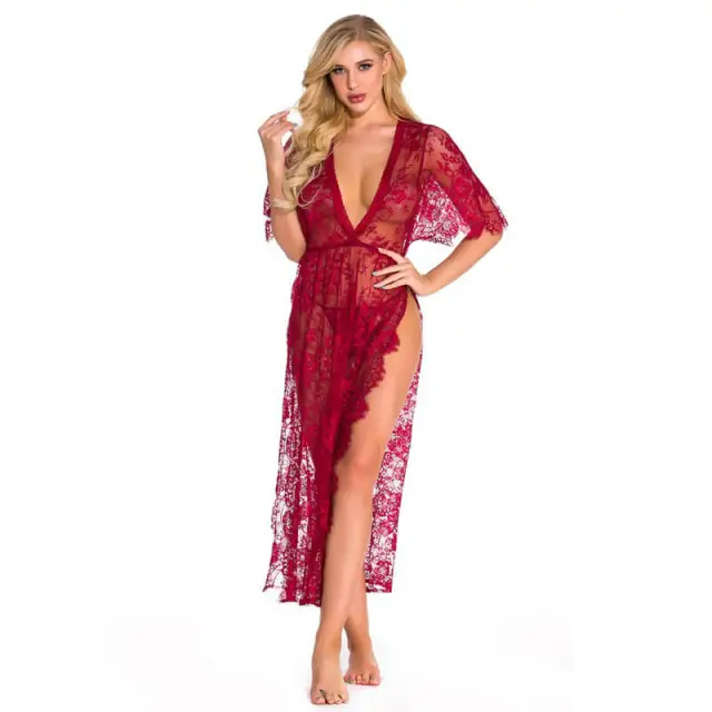 OOVOV Women Lace Babydoll Dress Nightwear Sexy V-neck Side Split Long Gown Lingerie with Thong