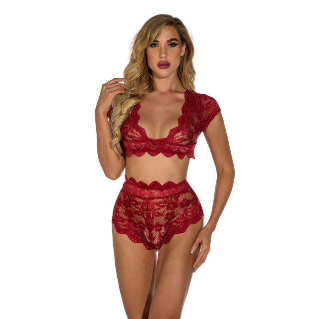 OOVOV Lingerie Set for Women High Waist Allover Lace Bodysuit V Neck Lingerie Two Piece Sexy Bra and Panties Set