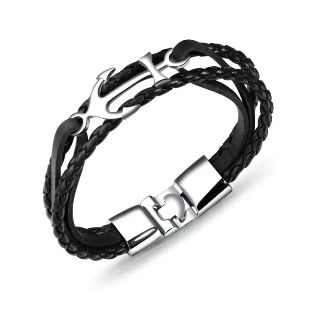 OOVOV Bracelet for Men Sturdy Leather Weave Bracelet Multilayer Vintage Anchor Bracelet Wrap Cuff