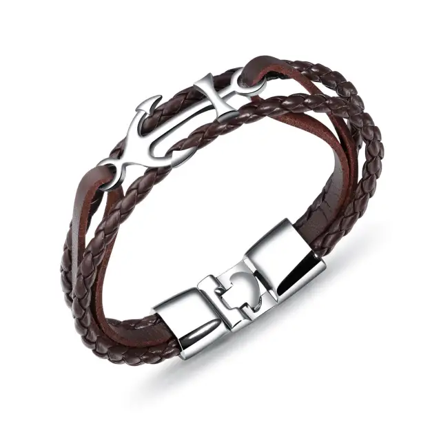 OOVOV Bracelet for Men Sturdy Leather Weave Bracelet Multilayer Vintage Anchor Bracelet Wrap Cuff