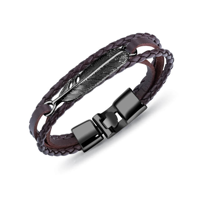 OOVOV Mens Retro Leather Bracelet Multi-layer Woven Leather Bracelet with Stainless Steel Wing Wristband Punk Personality Bracelets