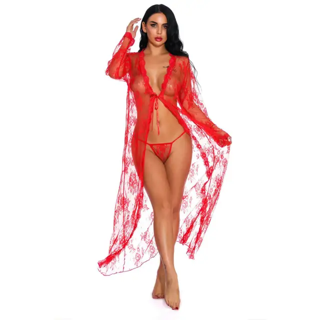 OOVOV Sexy Lace Robe for Women Long Lace Lingerie Robe Sheer Babydoll Nightgown Nightdress