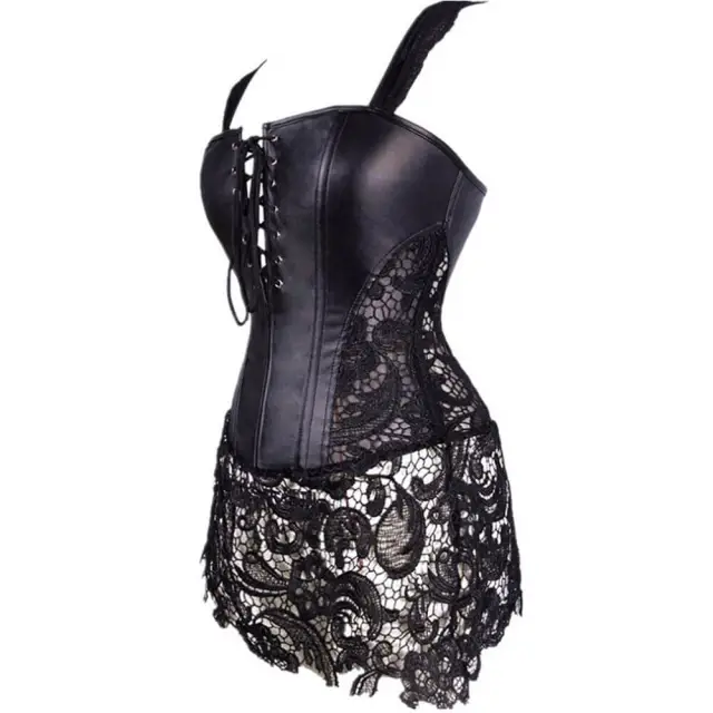 OOVOV Women Faux Leather Corset Set Steampunk Punk Rock Retro Goth Overbust Steel Bustier with Skirt