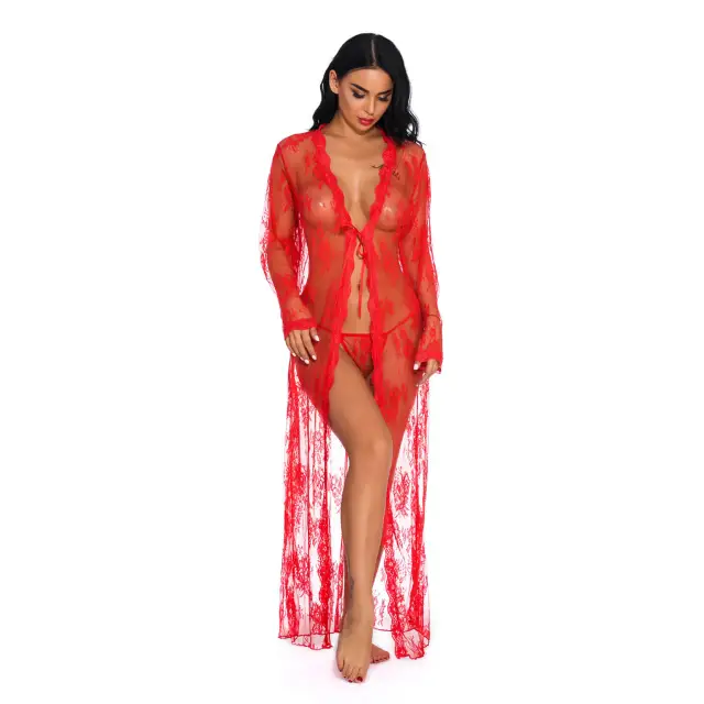 OOVOV Sexy Lace Robe for Women Long Lace Lingerie Robe Sheer Babydoll Nightgown Nightdress