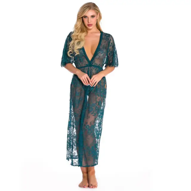 OOVOV Women Lace Babydoll Dress Nightwear Sexy V-neck Side Split Long Gown Lingerie with Thong